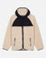 Two-tone sherpa jacket with beige front and black hood on a light gray background#color_sandshell