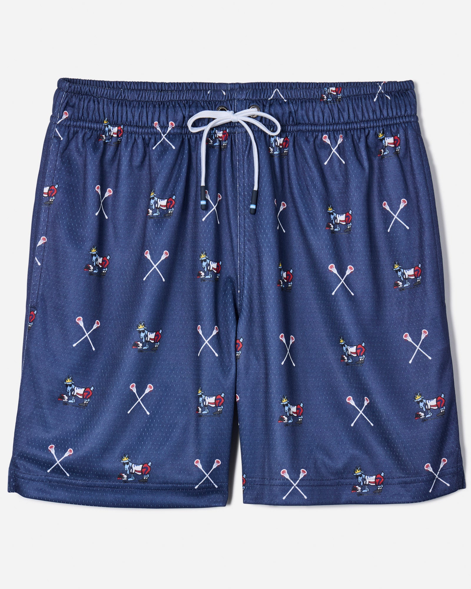 Front of navy mesh shorts with lacrosse goat print