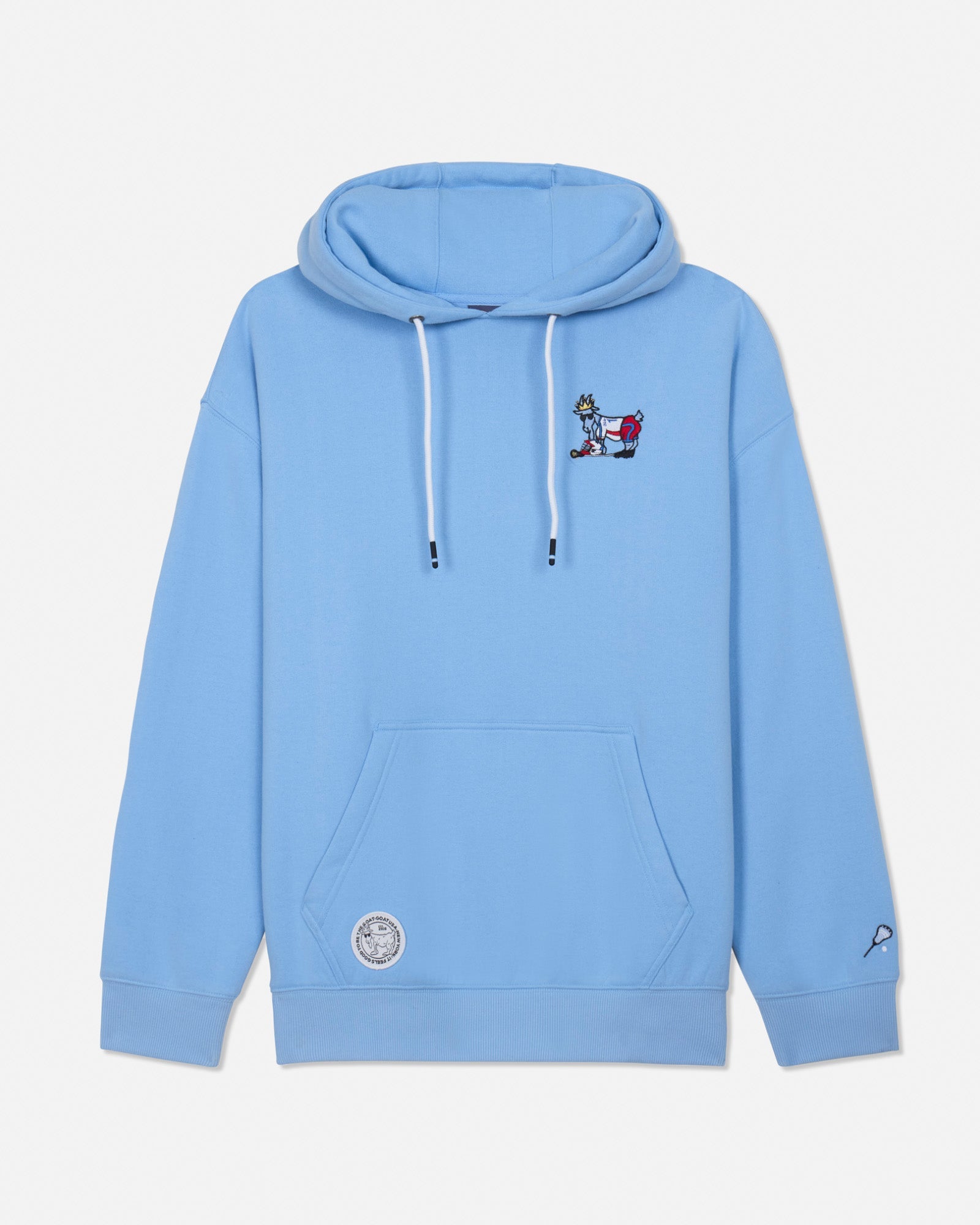 Front of carolina blue hoodie with lacrosse player goat left-chest logo