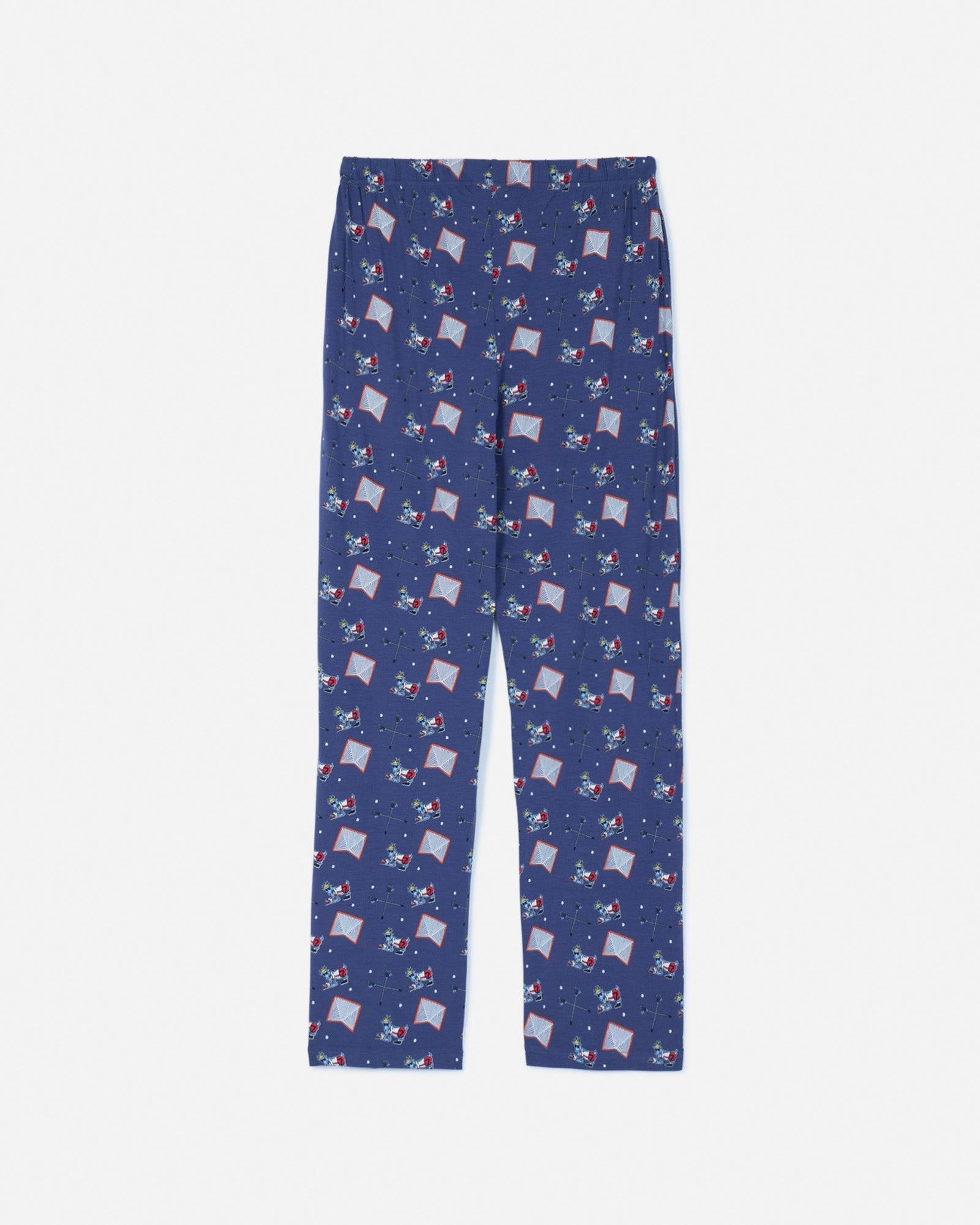 Back of navy pajama pants with lacrosse goat print