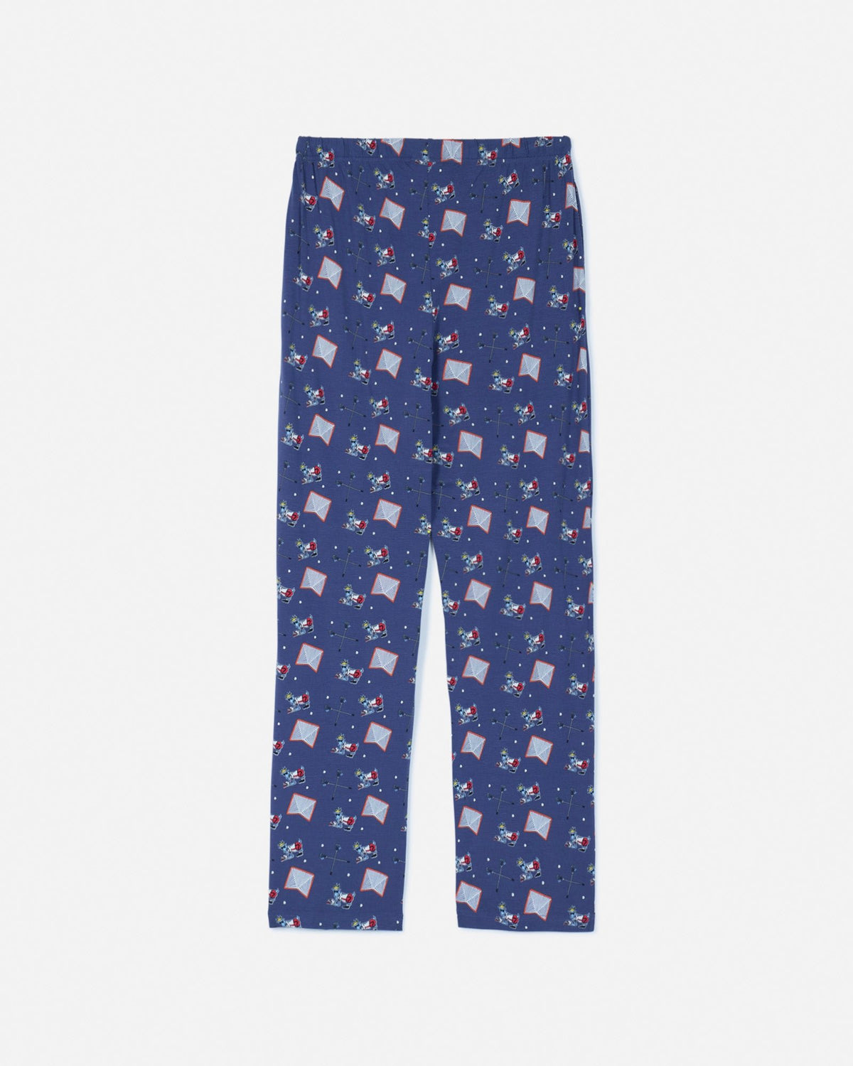 Back of navy pajama pants with lacrosse goat print