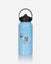 A stainless steel water bottle with a light blue and white diamond pattern, featuring a cartoon goat wearing sunglasses and a harness. The bottle has a black lid with a carrying loop, set against a light gray background with a soft reflection below.