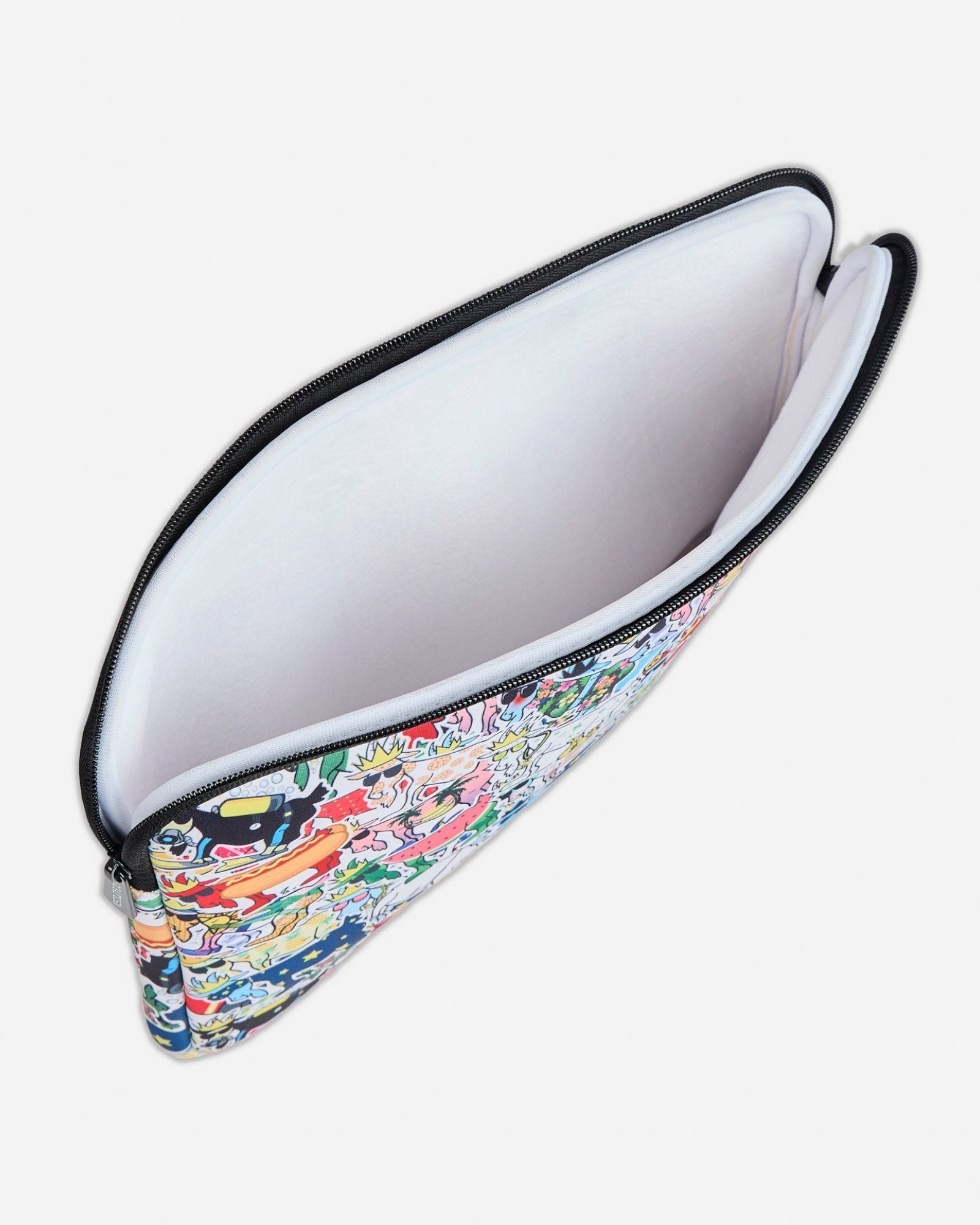 Inside of multicolored laptop case with goat designs