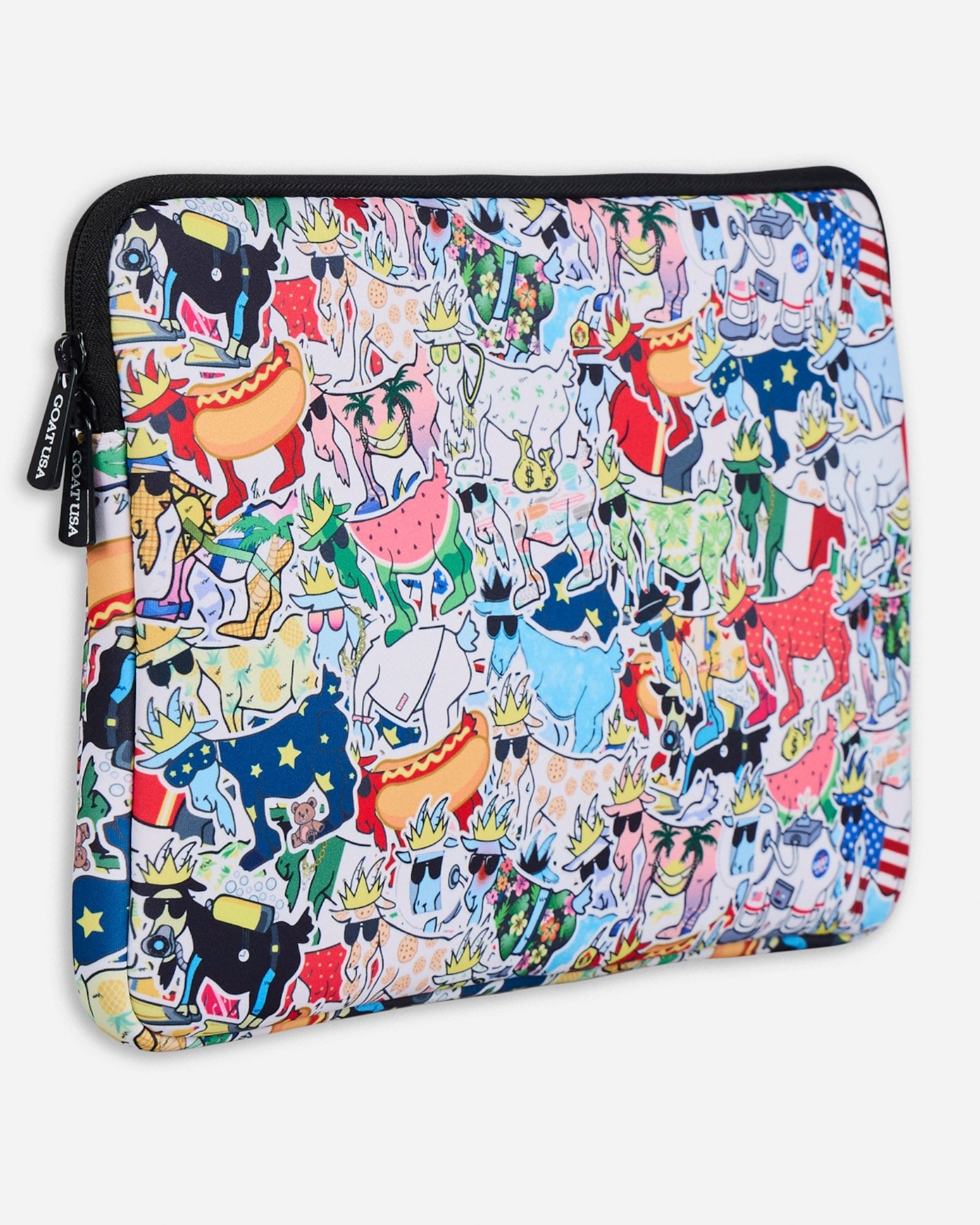 Angled view of multicolored laptop case with goat designs