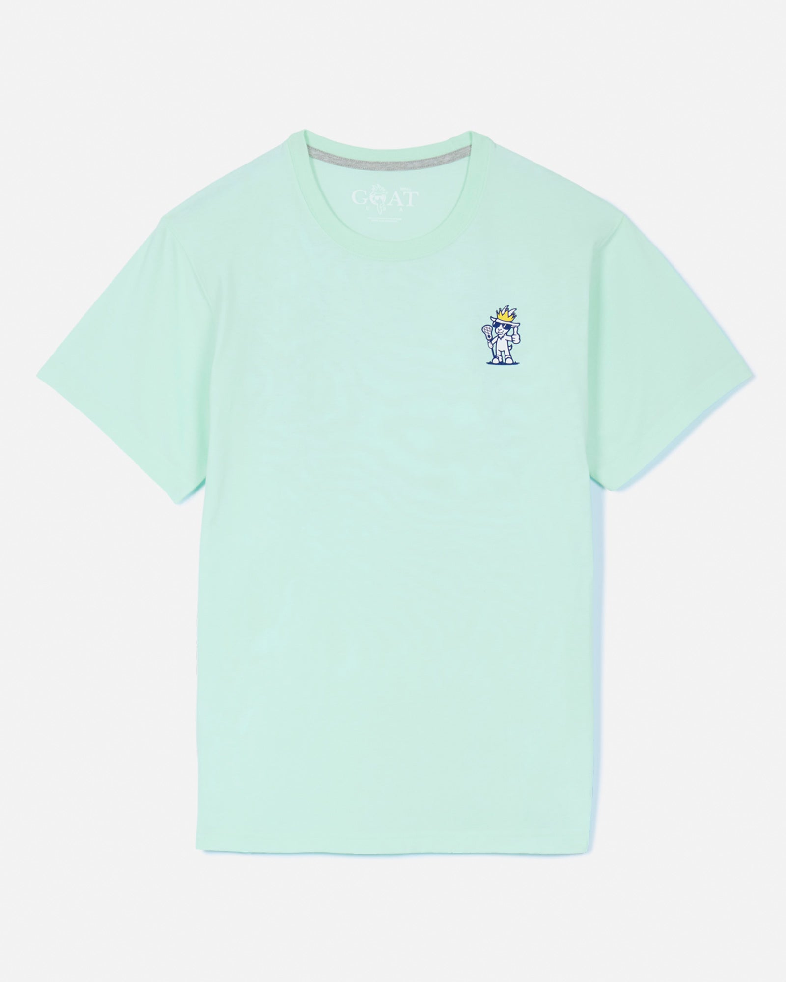 Front of mint t-shirt with thumbs up lacrosse goat left-chest logo