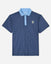 Front of navy colored polo with palm tree pattern