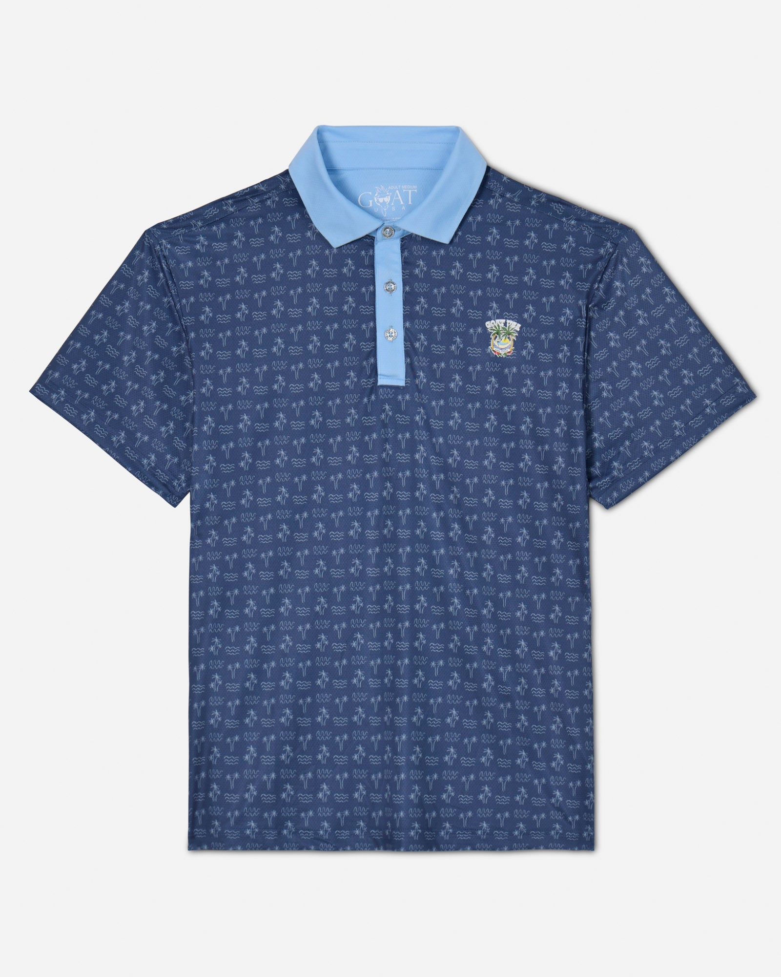 Front of navy colored polo with palm tree pattern