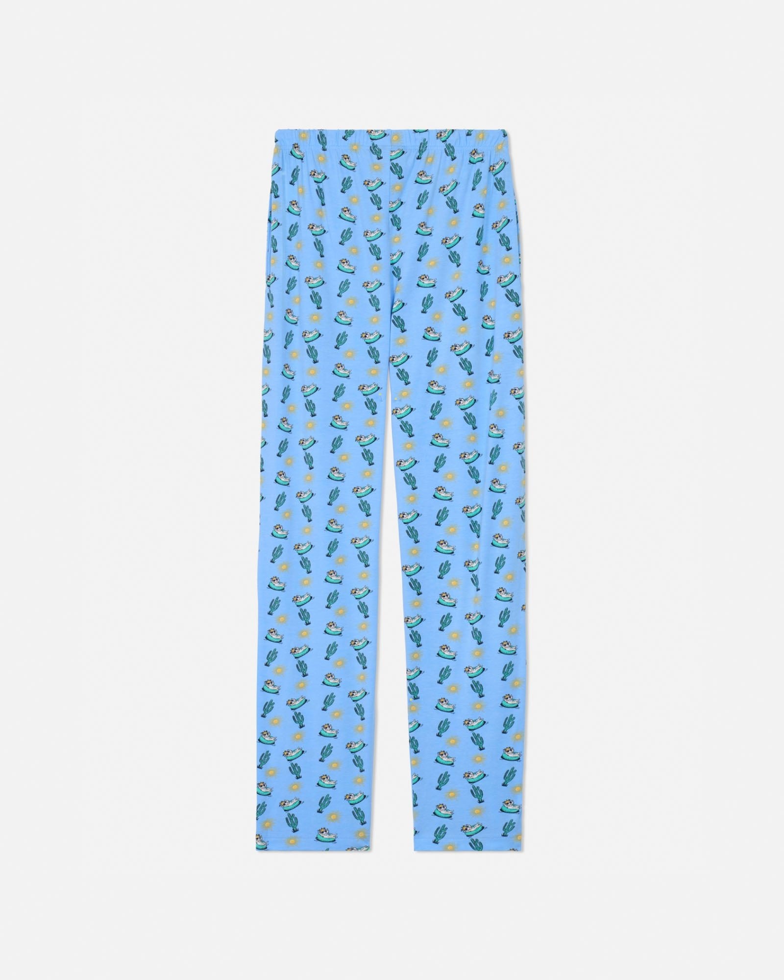 Carolina blue pajama pants with a pattern of small green plants on a white background