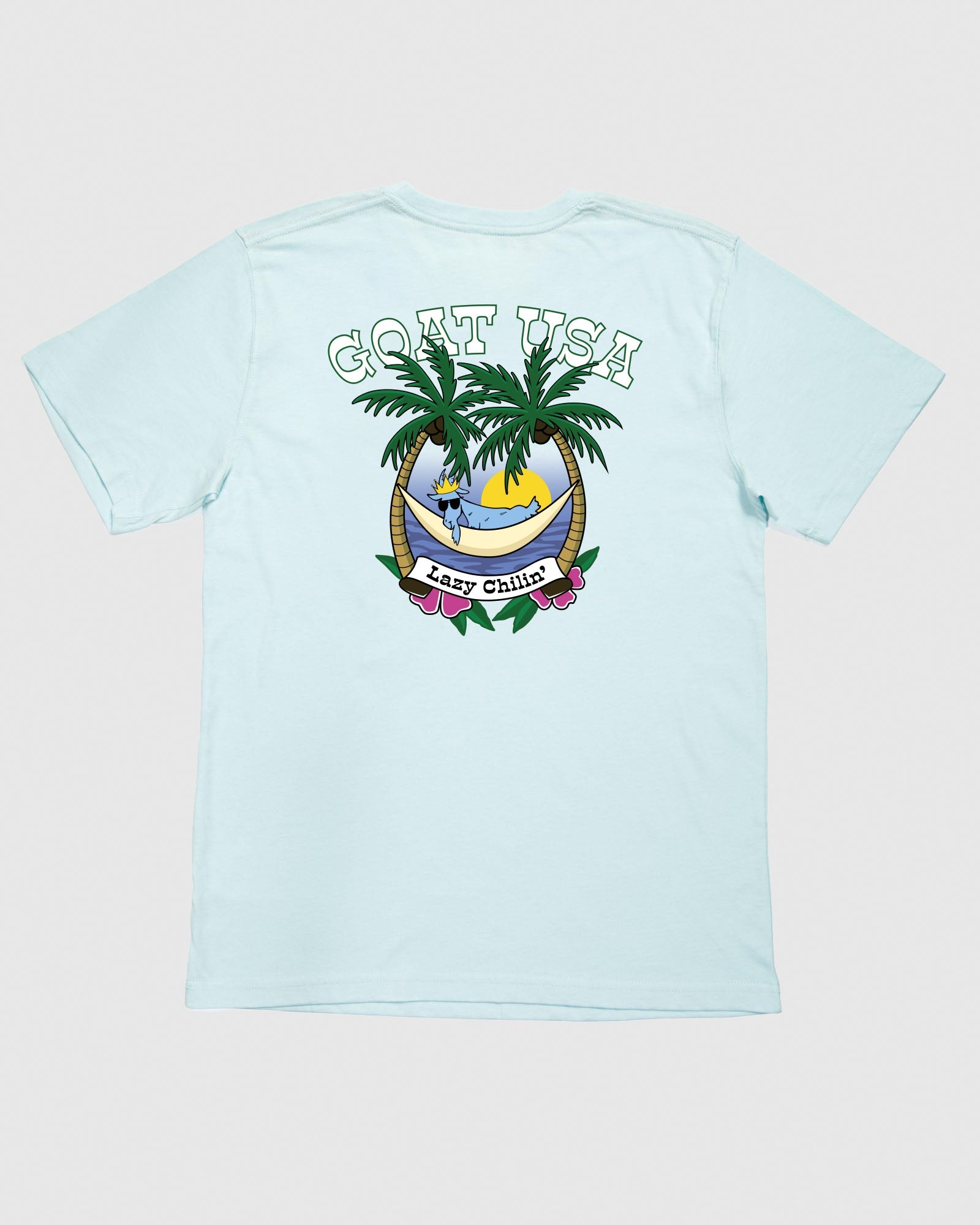 Back of ice blue shirt with palm trees, hammock, and sunset that says 
