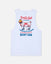 White sleeveless shirt with graphic design and text on a white background