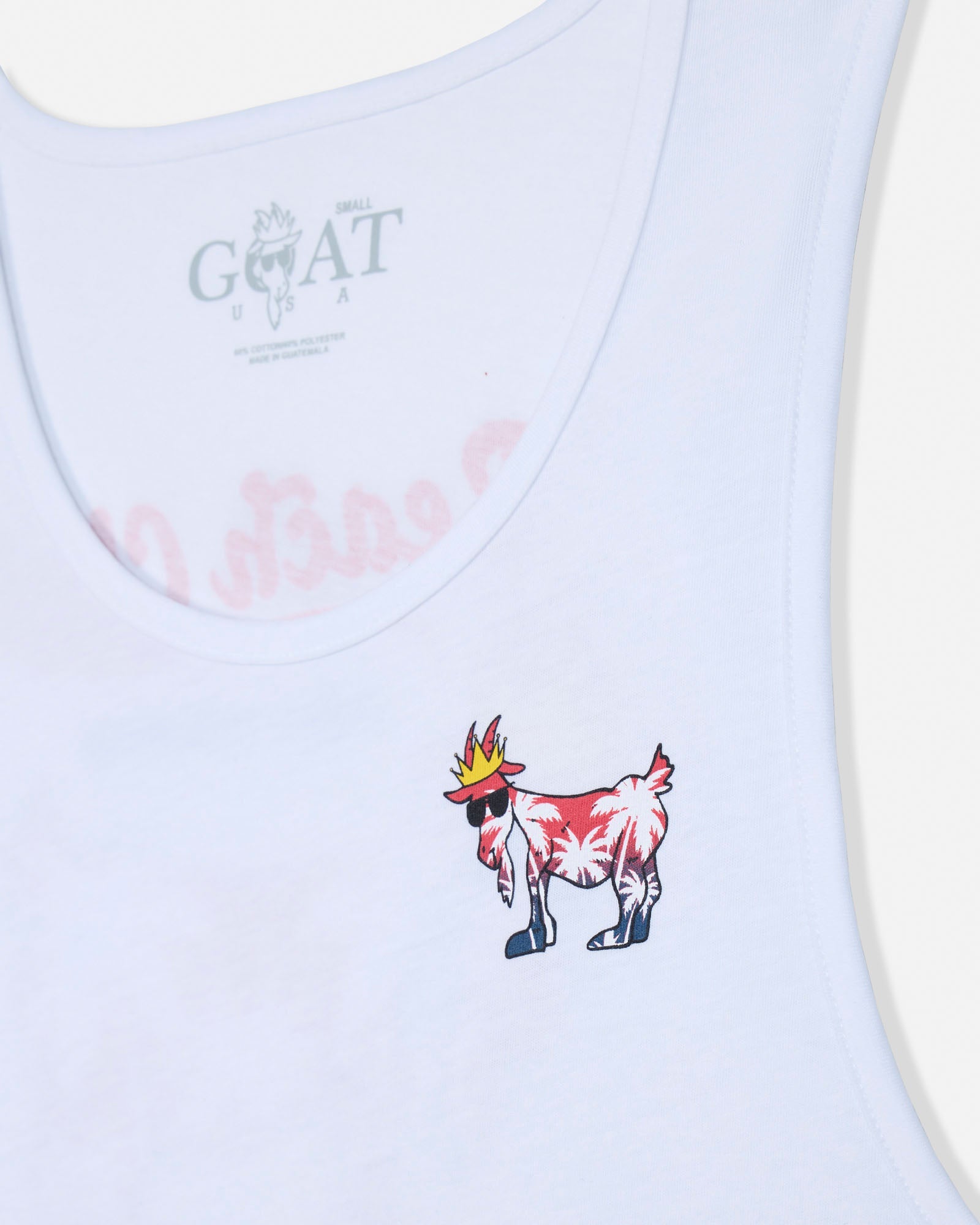 White tank top with a colorful goat graphic and 'GOAT' text on a white background