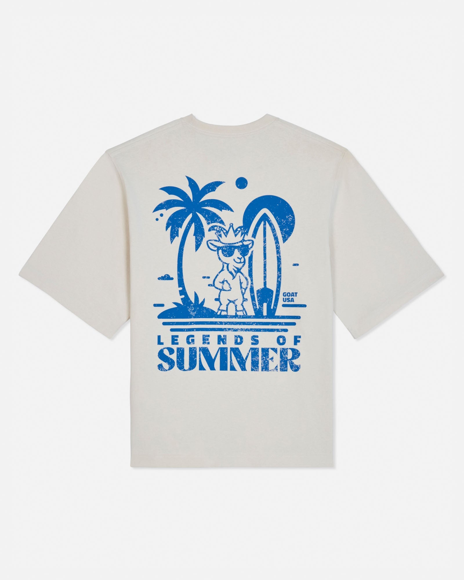 Turtledove t-shirt with blue graphic design featuring a palm tree, surfboard, and text 'Legends of Summer' on a white background.
