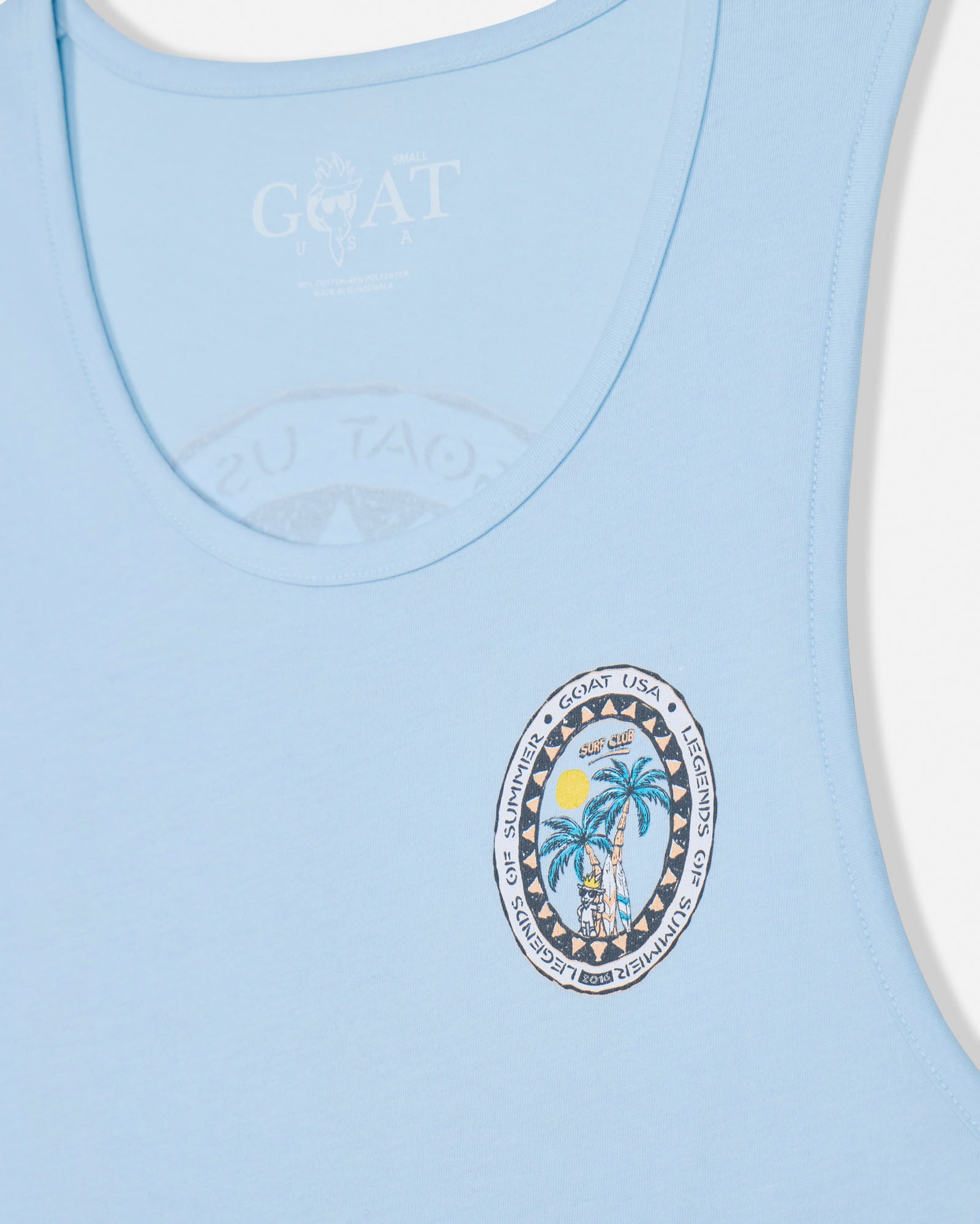 Light blue tank top with a palm tree design and brand logo on a white background