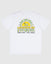 White t-shirt with sun design and yellow/green floral pattern