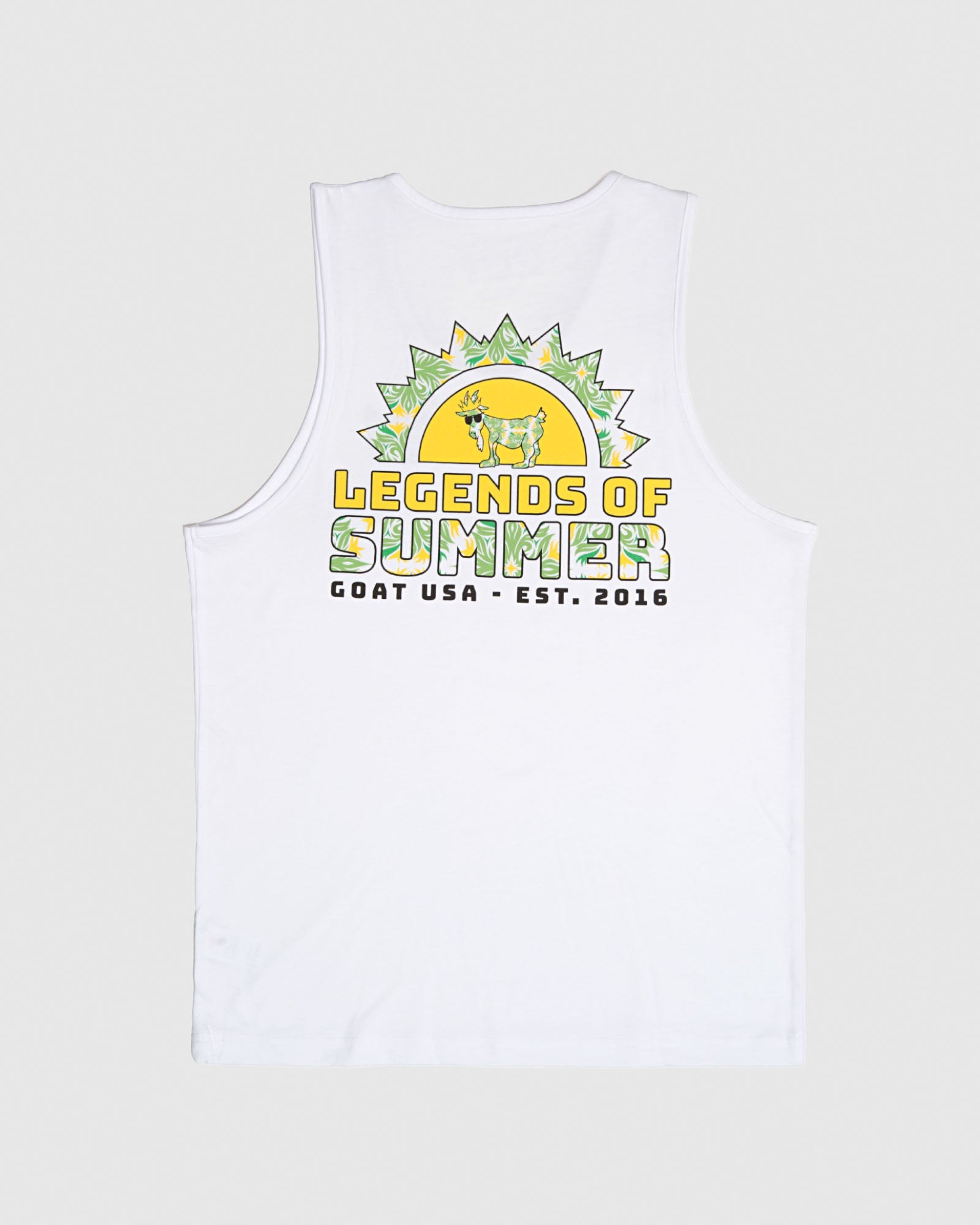 White tank top with yellow/green floral design that reads "Legends of Summer"#color_white