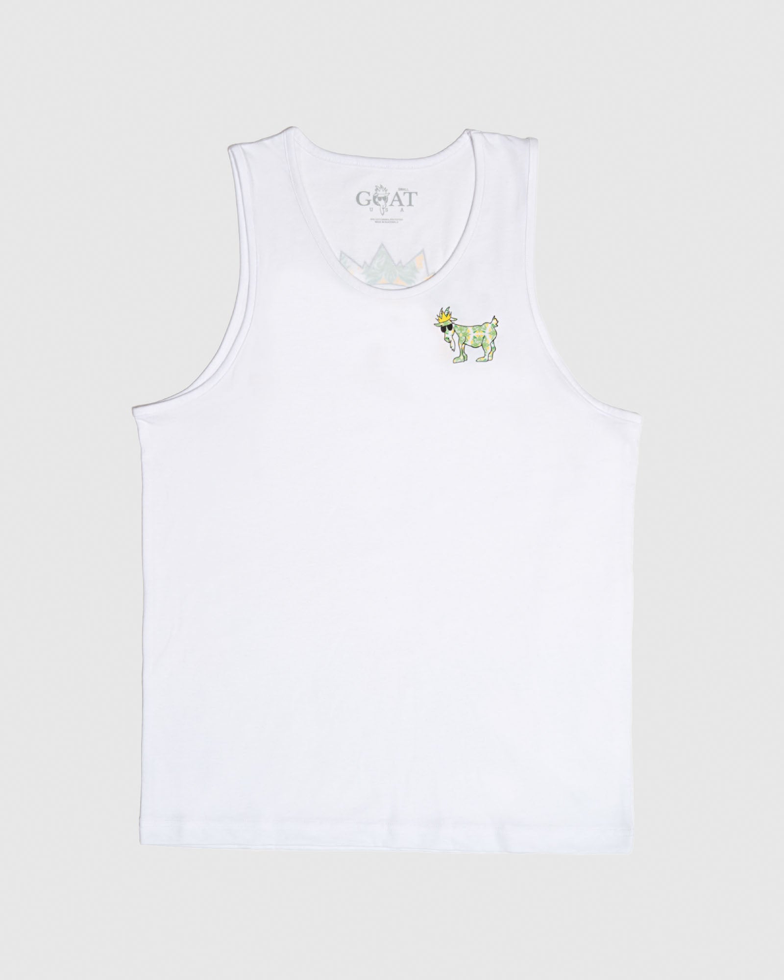 Frontside of white tank top with yellow/green floral goat#color_white