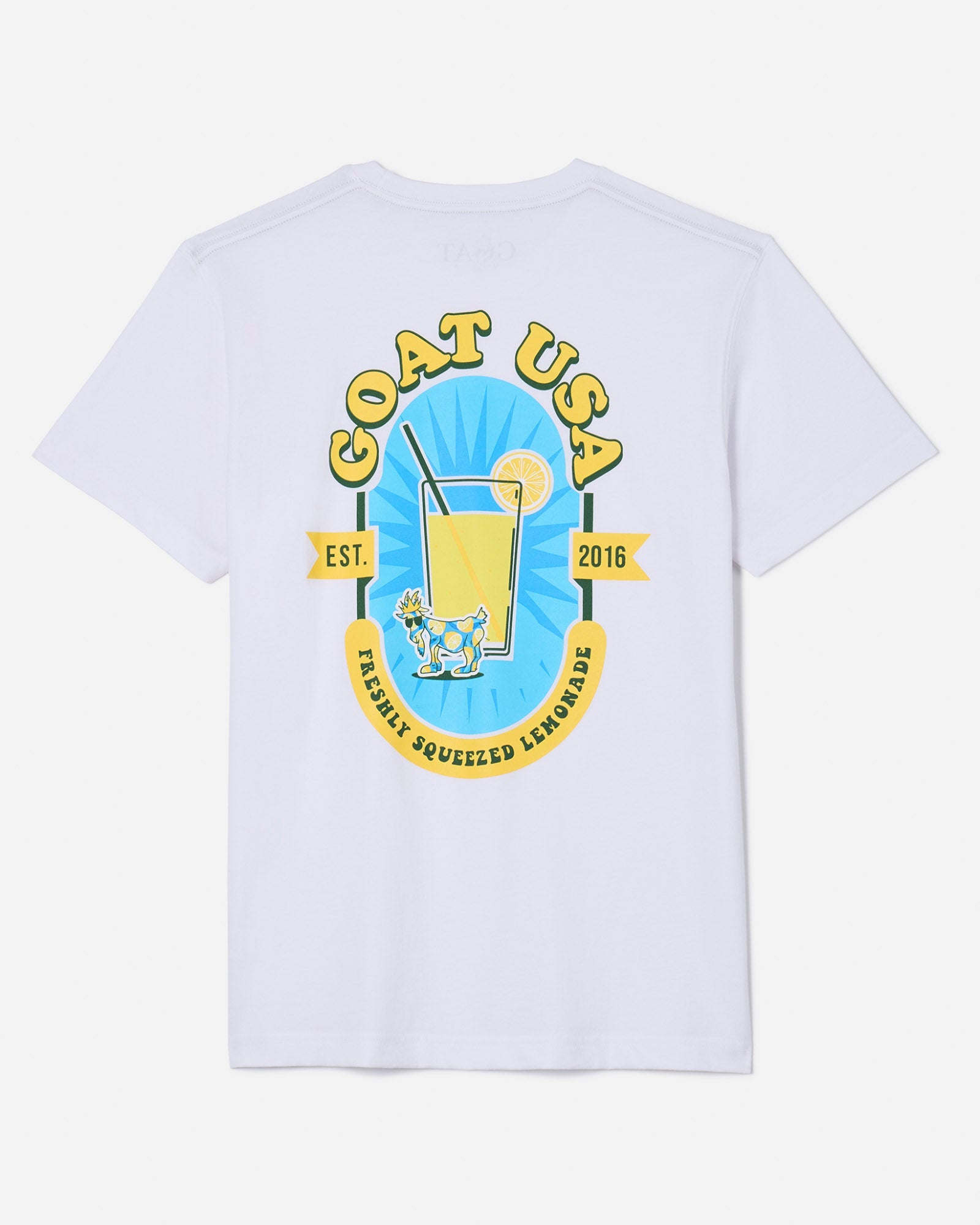 Back of white t-shirt with lemonade and lemonade goat design