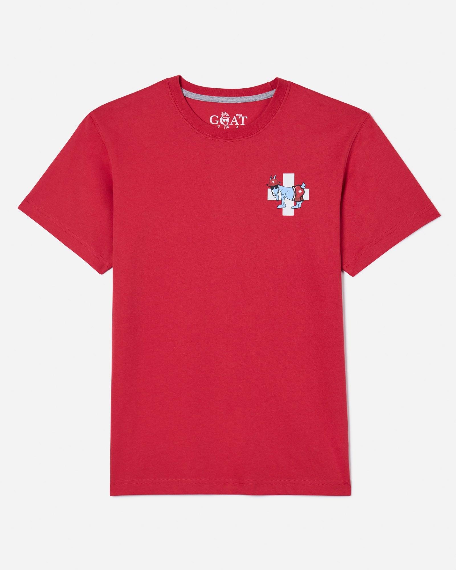 Front of red t-shirt with lifeguard goat left-chest logo