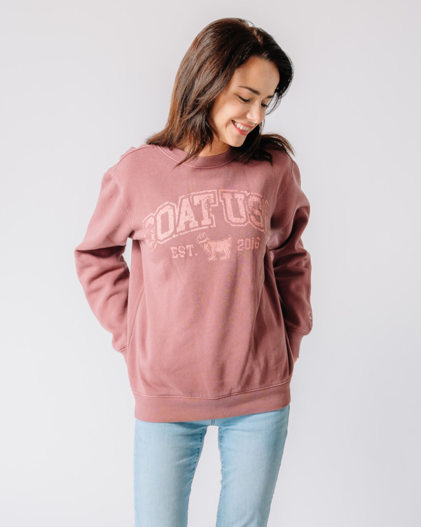 Model wearing crimson Linden Crewneck Sweatshirt#color_crimson