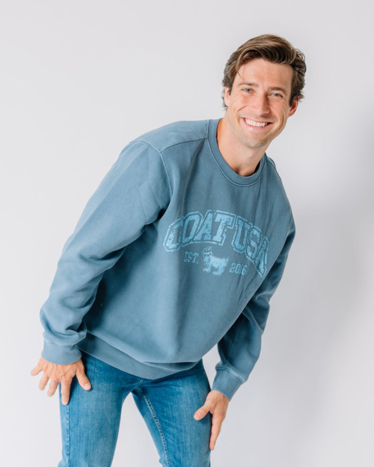Model wearing slate Linden Crewneck Sweatshirt