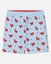 Light blue bathing suit with red lobster goat pattern and white drawstring on a white background