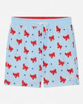 Light blue bathing suit with red lobster goat pattern and white drawstring on a white background