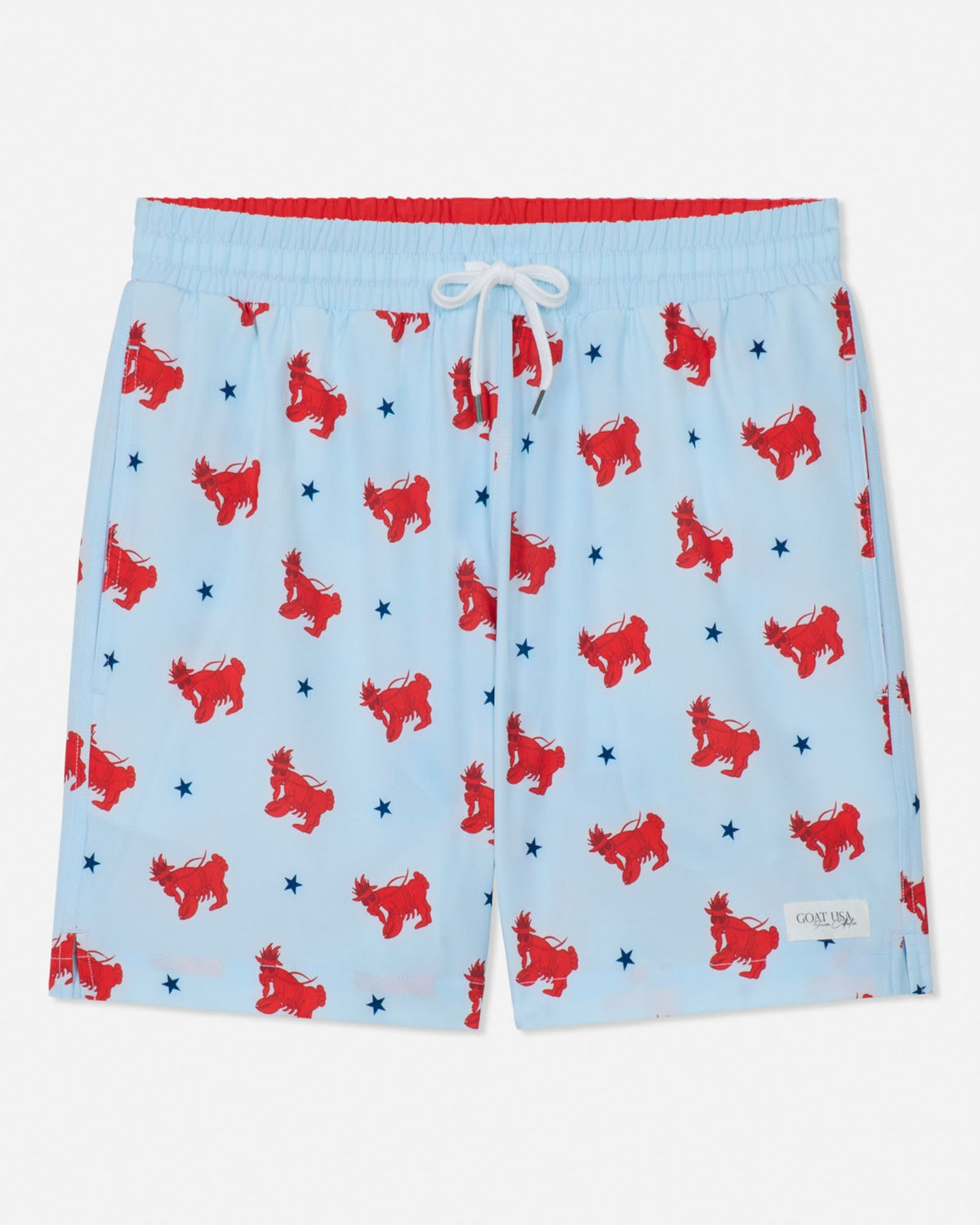 Light blue bathing suit with red lobster goat pattern and white drawstring on a white background
