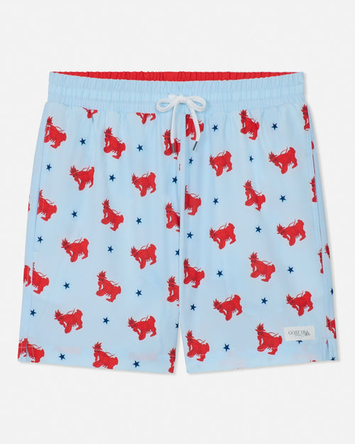 Light blue bathing suit with red lobster goat pattern and white drawstring on a white background