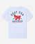 White t-shirt with red and navy graphic design on a white background
