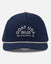 Navy blue cap with white text on a white background