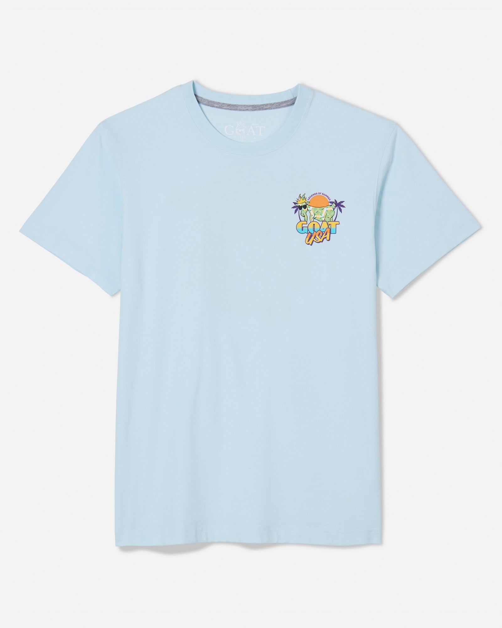 Front of ice blue t-shirt legends of summer goat and retro text left-chest logo#color_ice-blue
