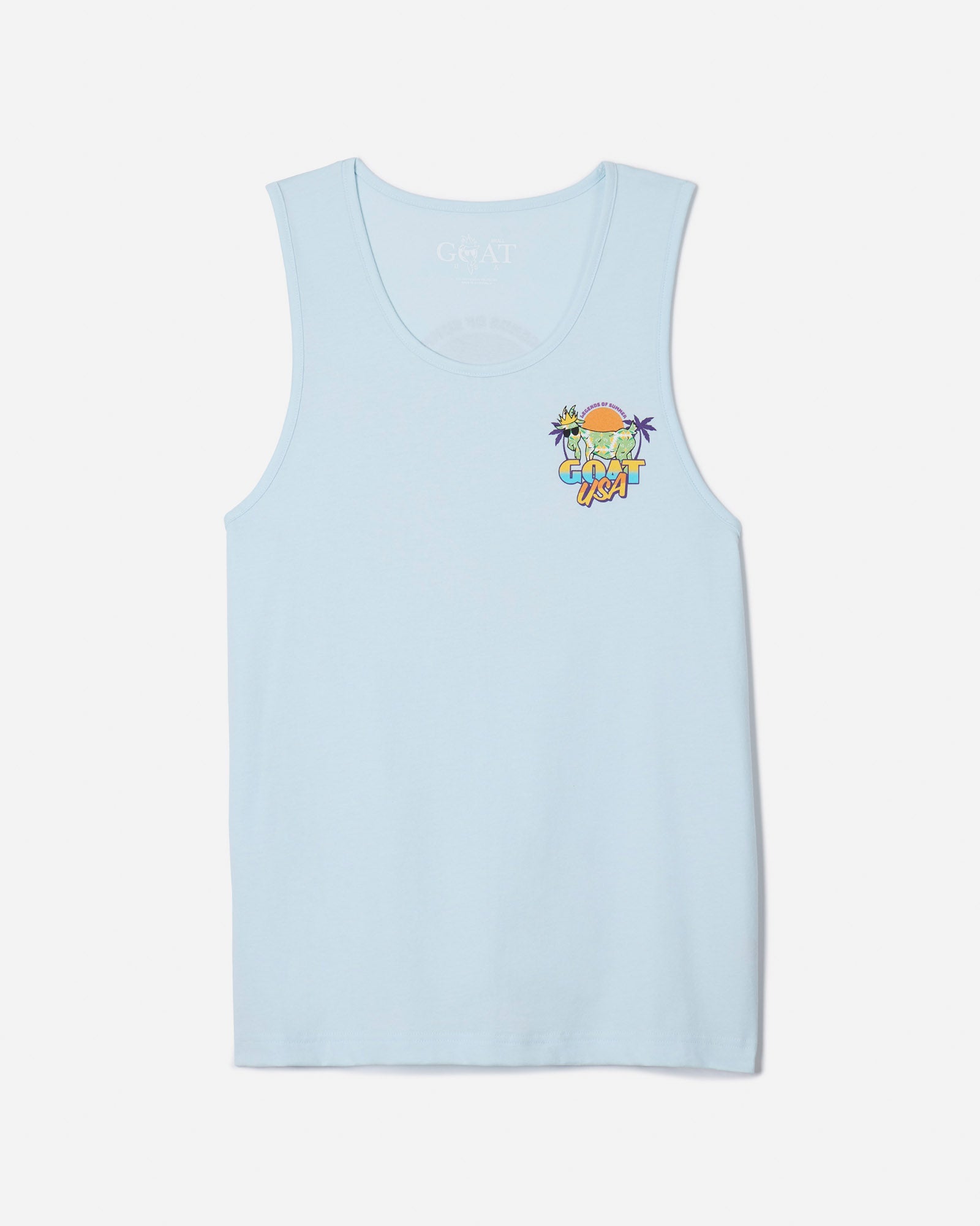 Front of ice blue tank top with Legends of Summer GOAT and retro text left-chest logo#color_ice-blue