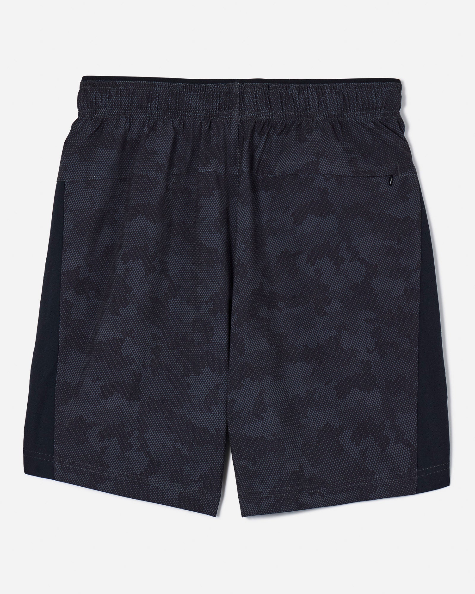 Back of men's black camo athletic shorts#color_black-camo
