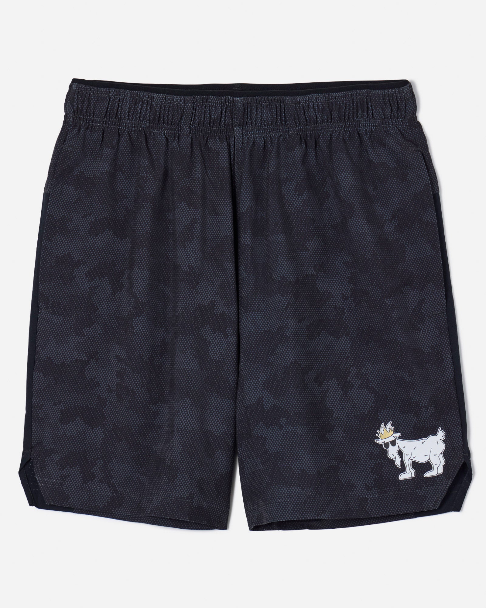 Front of men's black camo athletic shorts#color_black-camo