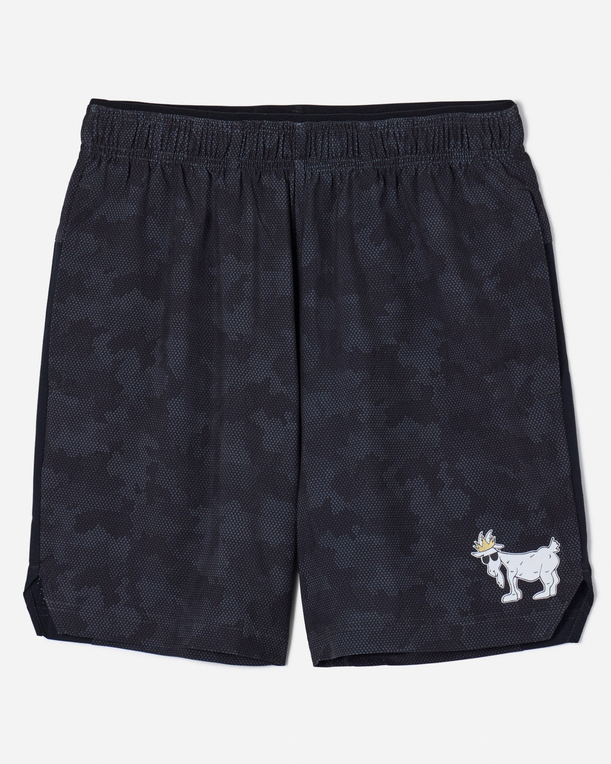 Front of men's black camo athletic shorts