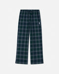 Dark green plaid lounge pants with a white drawstring waist and a small embroidered logo on the left thigh, shown flat on a light gray background.