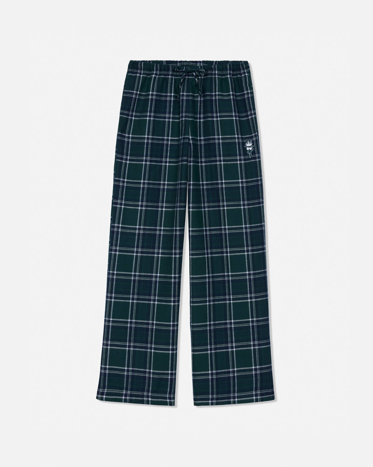 Dark green plaid lounge pants with a white drawstring waist and a small embroidered logo on the left thigh, shown flat on a light gray background.