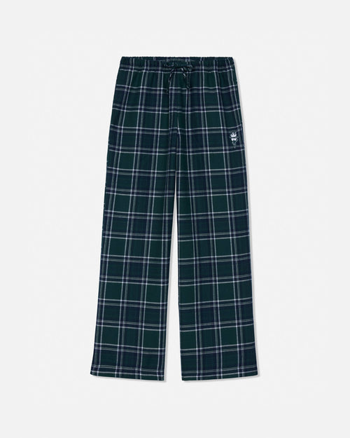 Dark green plaid lounge pants with a white drawstring waist and a small embroidered logo on the left thigh, shown flat on a light gray background.