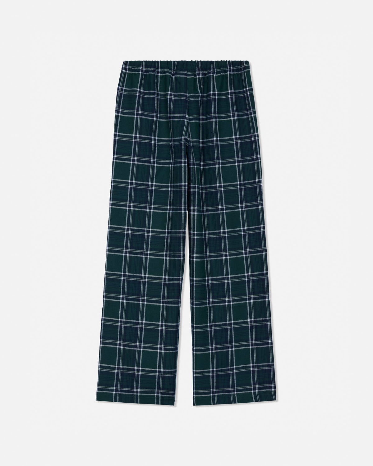 A pair of dark green plaid trousers with white and light blue intersecting lines, displayed flat against a light gray background.