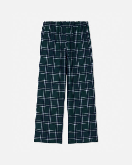 A pair of dark green plaid trousers with white and light blue intersecting lines, displayed flat against a light gray background.