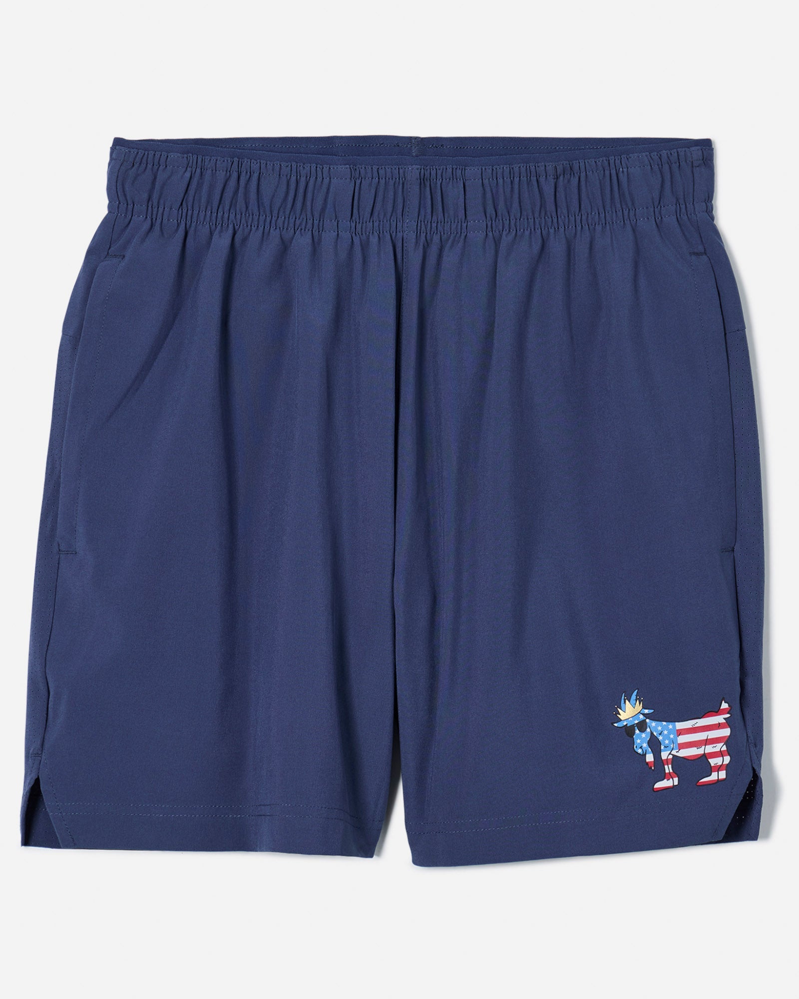 Front of navy lined athletic shorts