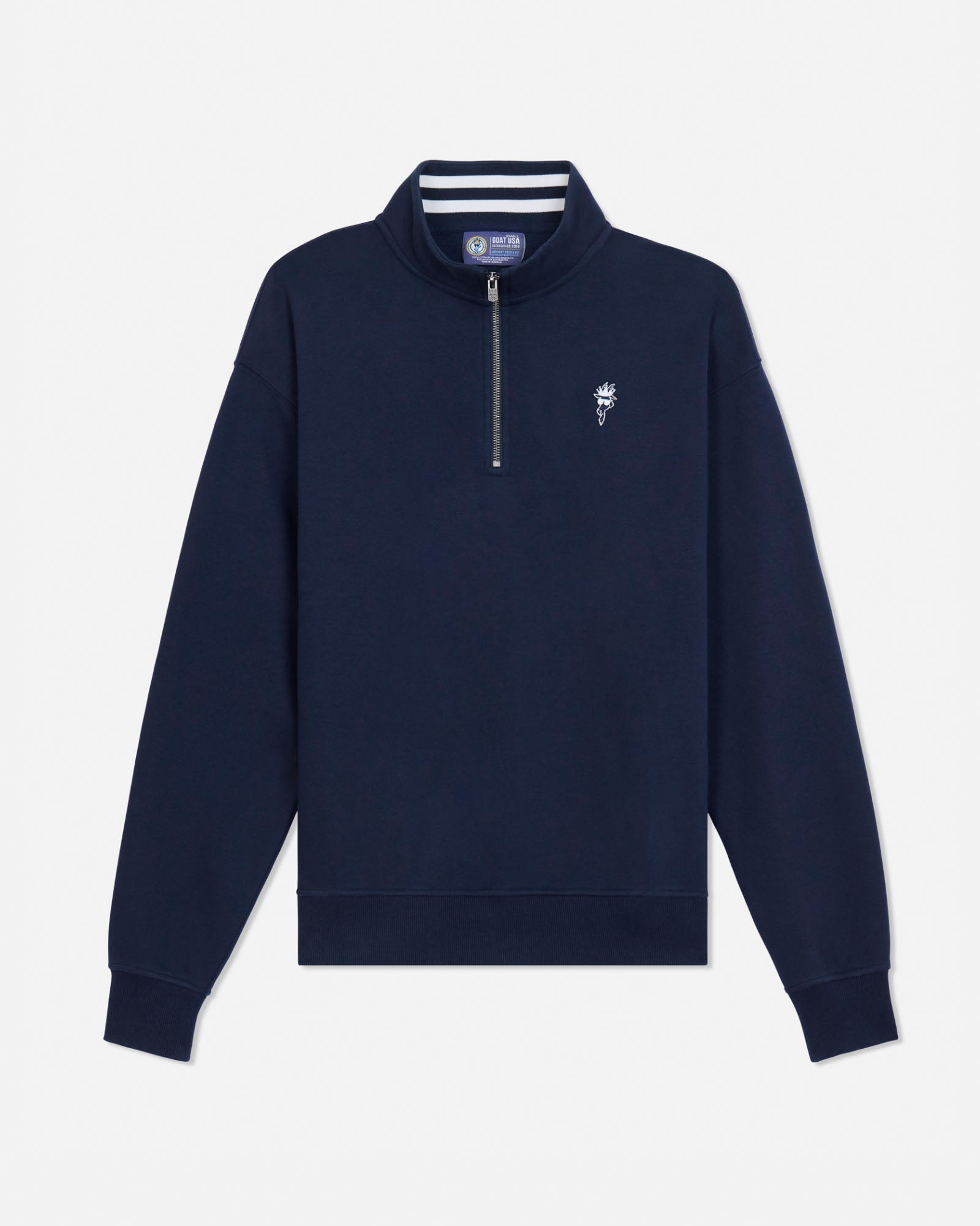 A navy blue quarter-zip sweatshirt with a small embroidered goat on the left chest, displayed on a clean white background.#color_navy-blazer