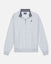 A light gray heathered quarter-zip sweatshirt with a navy and white striped collar, featuring a small embroidered rose logo on the left chest, displayed on a clean white background.#color_pale-gray