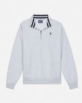 A light gray heathered quarter-zip sweatshirt with a navy and white striped collar, featuring a small embroidered Chuck the Goat logo on the left chest, displayed on a clean white background.