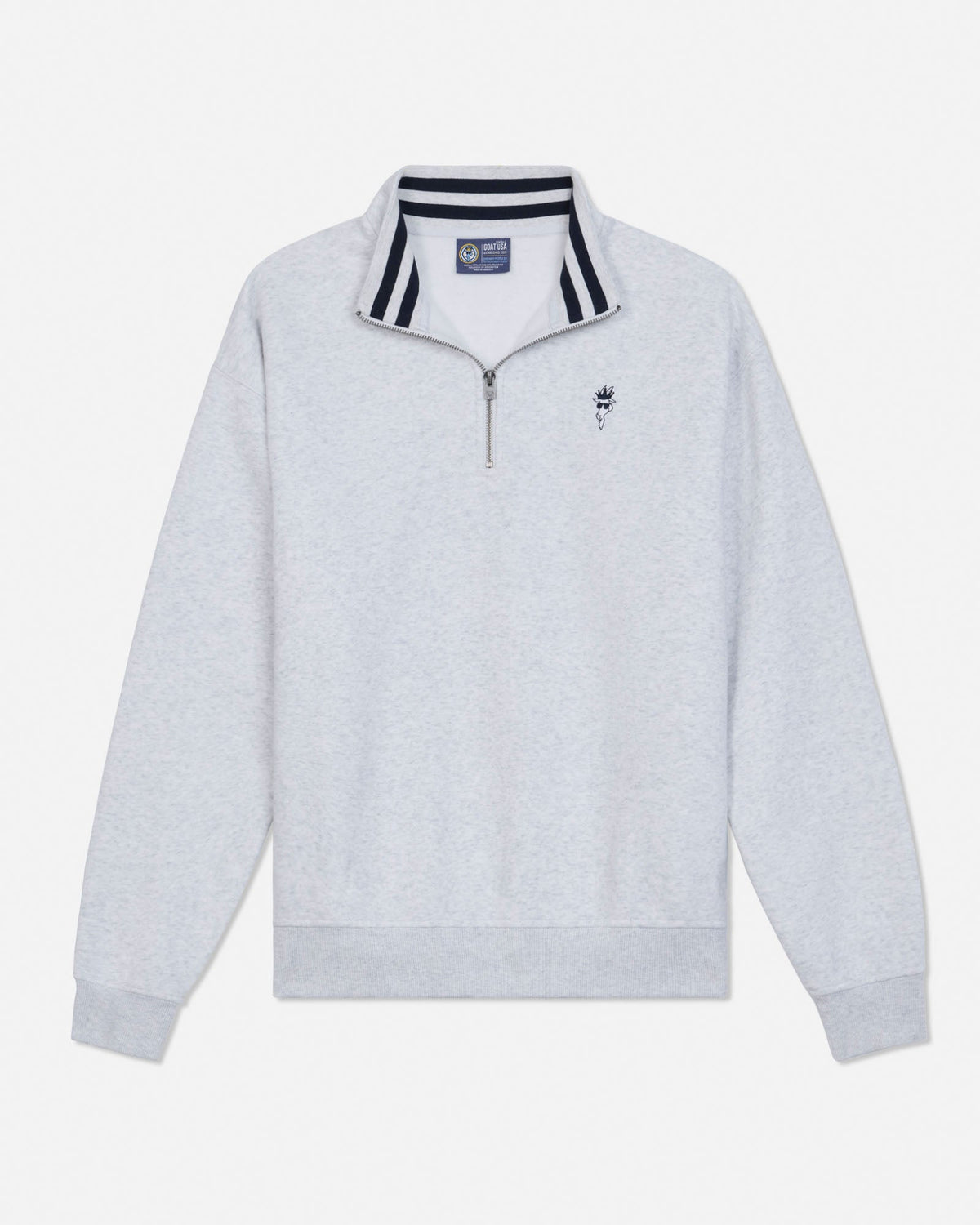 A light gray heathered quarter-zip sweatshirt with a navy and white striped collar, featuring a small embroidered rose logo on the left chest, displayed on a clean white background.#color_pale-gray