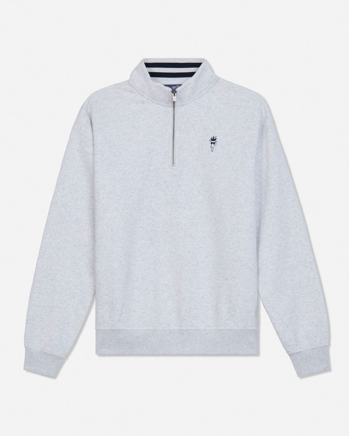 A light gray heathered quarter-zip sweatshirt with a small embroidered logo on the left chest, displayed on a clean white background.
