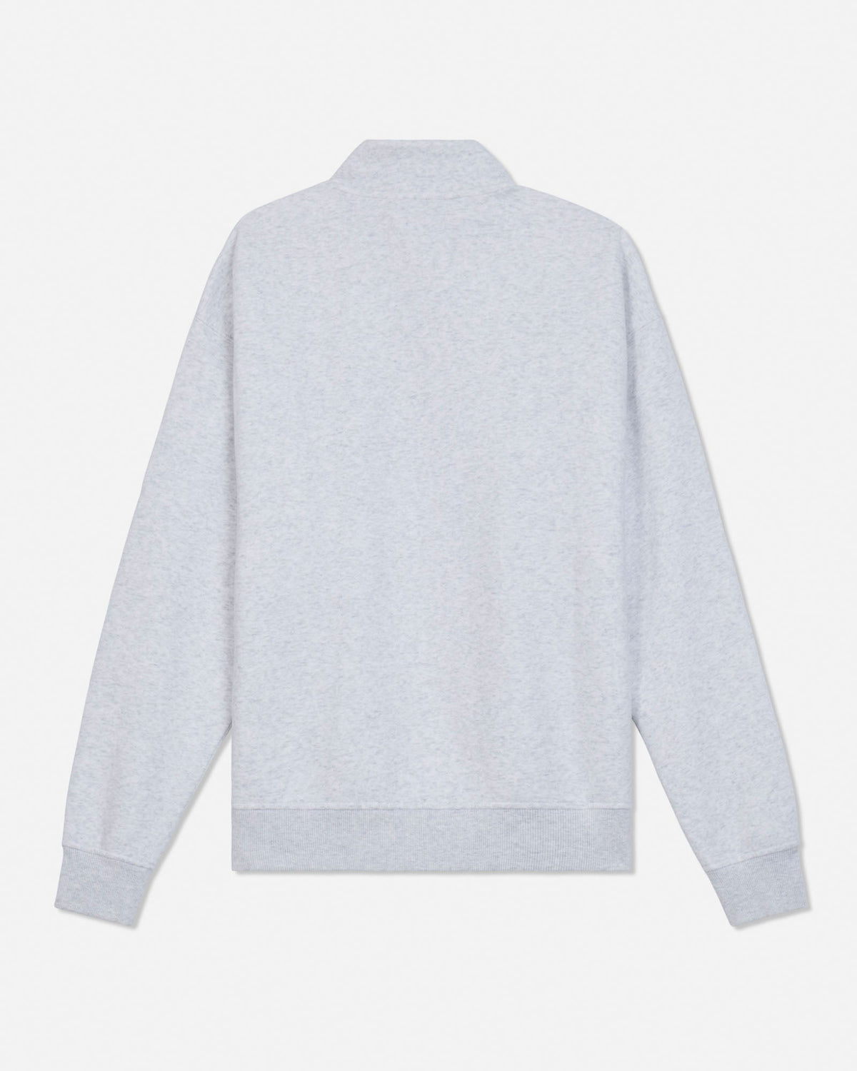 A light gray heathered long-sleeve half-zip sweatshirt shown from the back, featuring a mock neck collar, ribbed cuffs, and a ribbed hem, set against a plain white background.