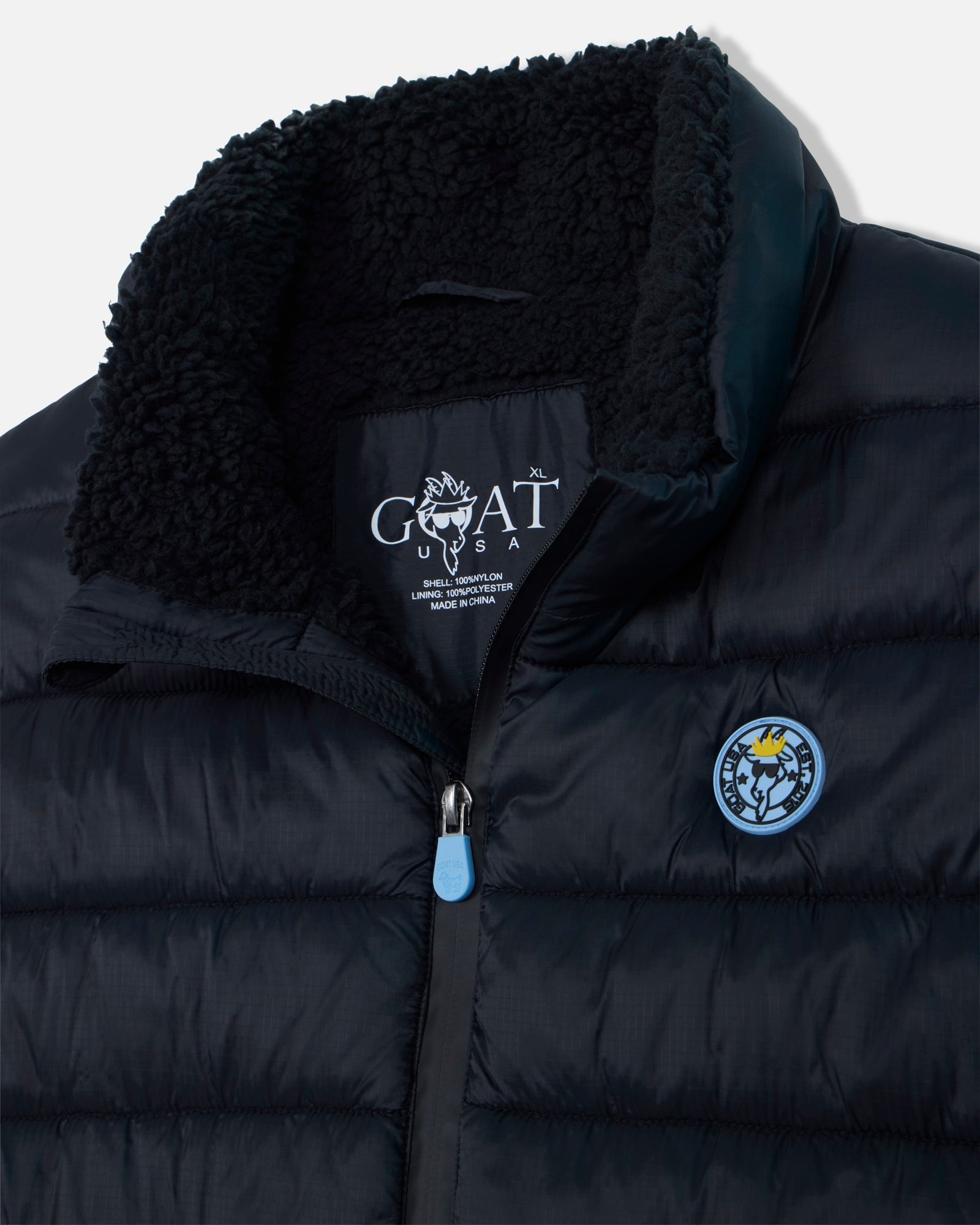 Open Collar of black Men's Puffer Fleece Vest#color_black