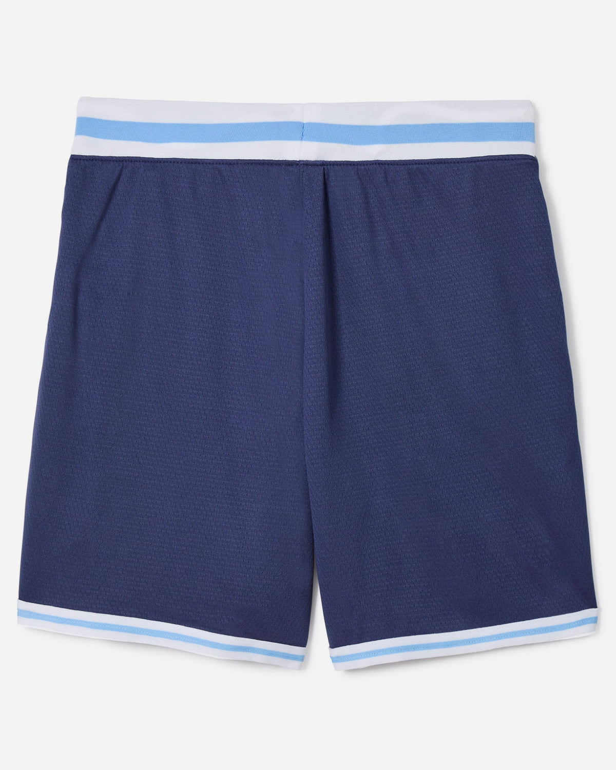 Back of navy mesh shorts with blue and white waistband