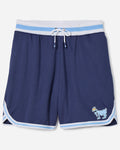 Navy mesh shorts with blue and white waistband
